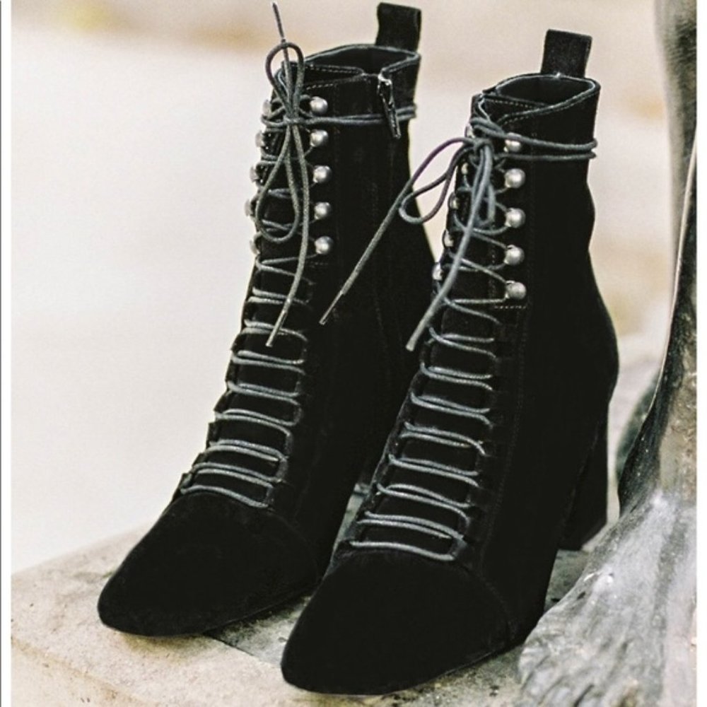 Rouje Black Suede 'Josephine' Lace Up Ankle Boots